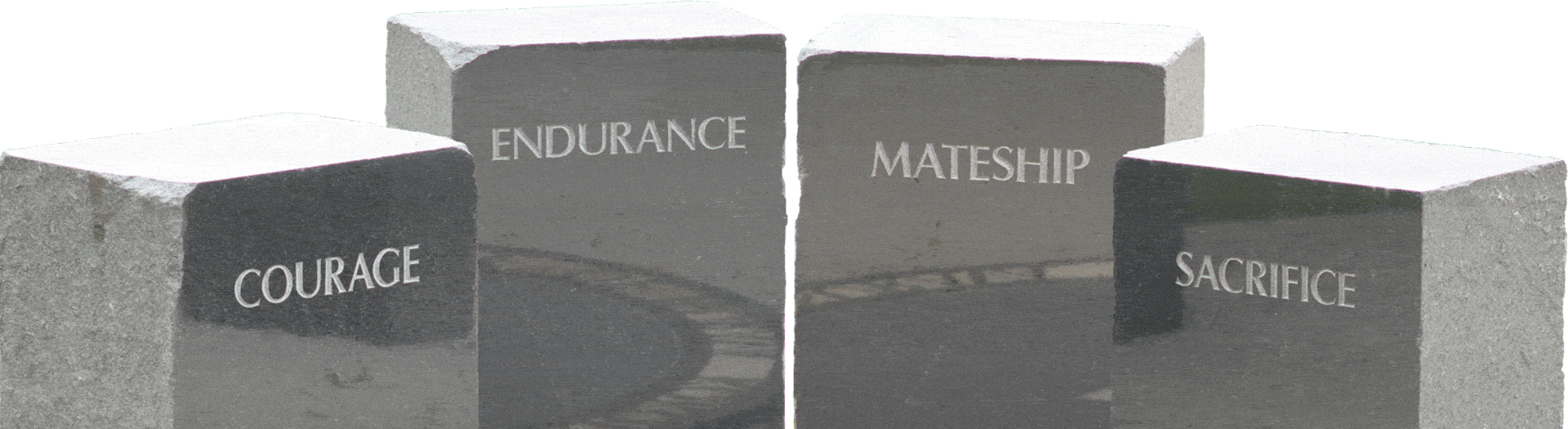A row of four dark grey, rectangular stone monuments set against a transparent background. Each stone is engraved with a single word in a serif font: "COURAGE," "ENDURANCE," "MATESHIP," and "SACRIFICE."