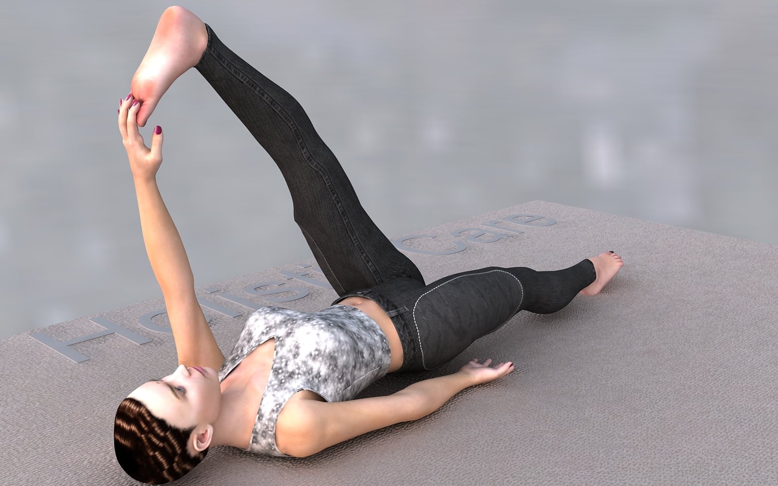 A digital rendering of a woman lying on her back on a gray textured mat. She is wearing a patterned crop top and dark leggings. One leg is raised vertically while she holds her foot with her hand, demonstrating a hamstring stretch.