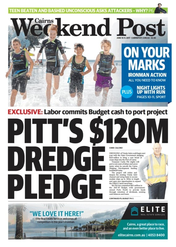A front-page image from the Cairns Weekend Post features four boys in athletic gear running through water, with headlines about local budget pledges and Ironman actions.
