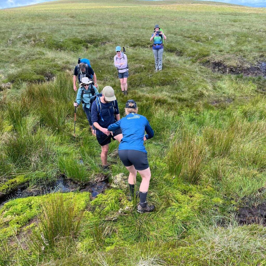 A group of six hikers maneuvers across a wet, marshy field of tall green grass and moss, with one hiker in the foreground reaching out to assist another over a small stream.